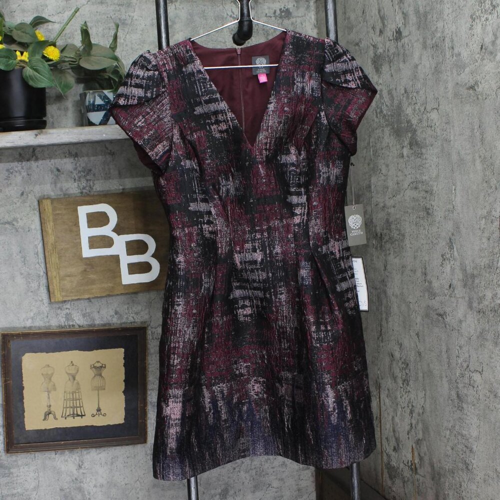 NWT Vince Camuto Jacquard Fit & Flare Puff-Sleeve Dress Wine Red Multi 12 - Picture 4 of 9